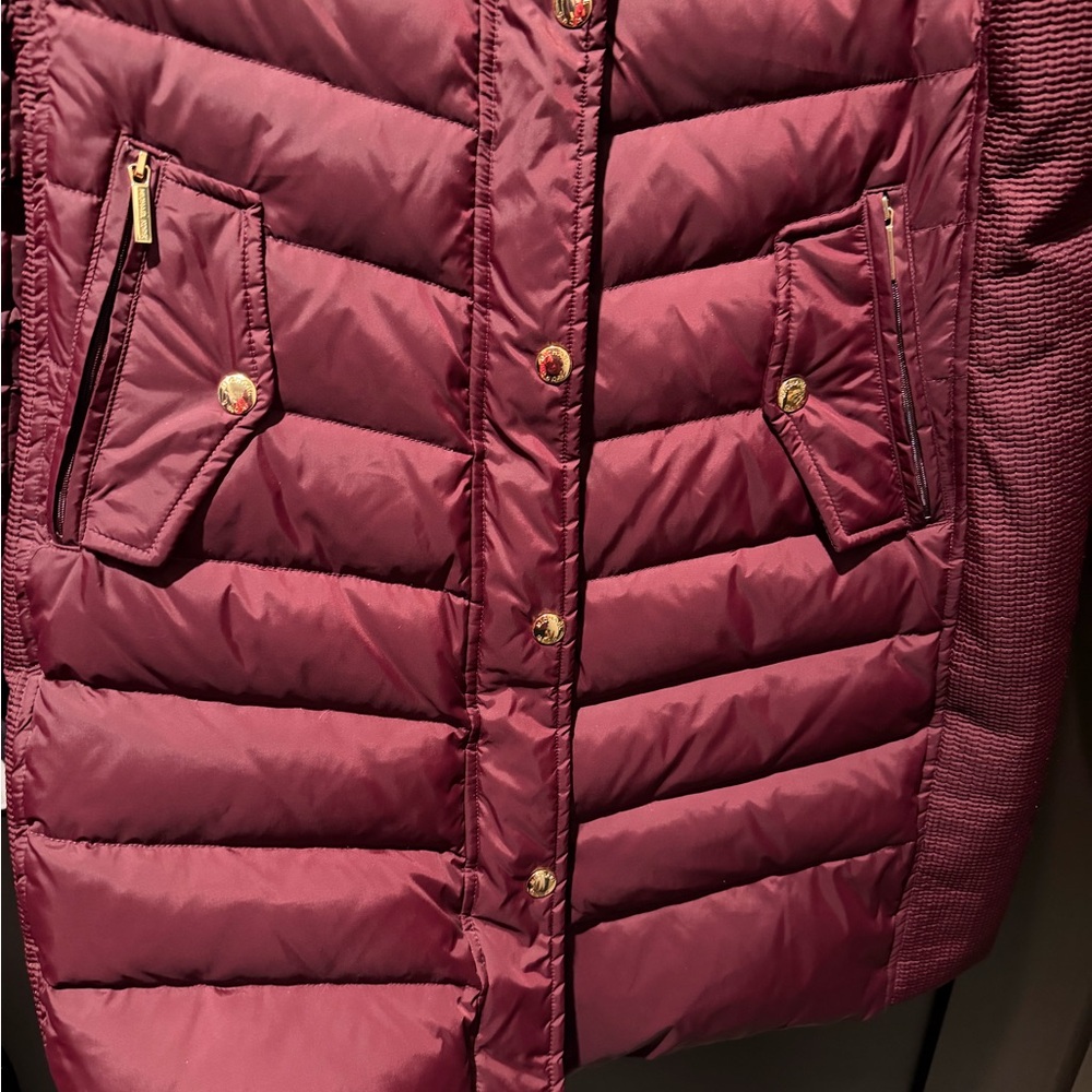 MICHAEL Michael Kors Burgundy Puffer Coat with Faux Fur Hood - Picture 4 of 9